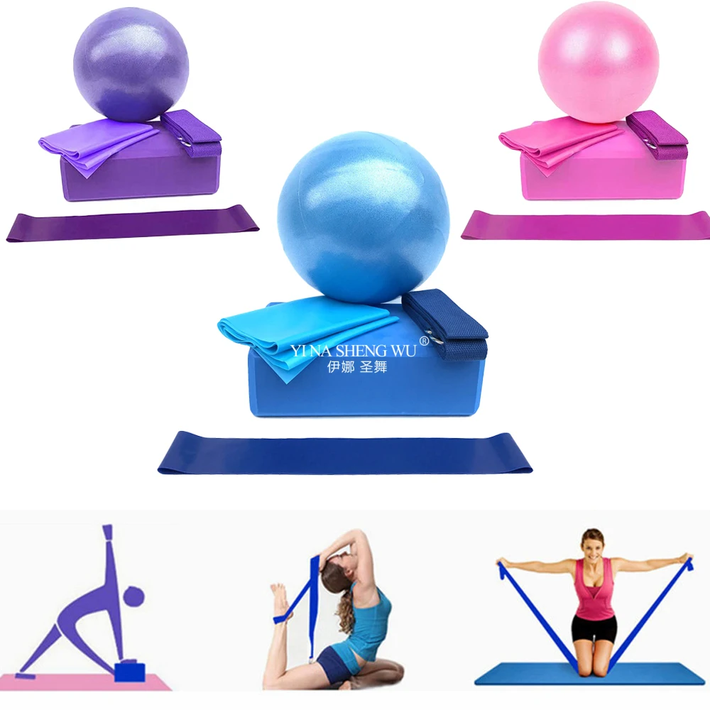 Pilates Yoga Ball Exercises - ชุดเริ่มต้นโยคะ 5 ชิ้นชุดอุปกรณ์โยคะชุดบล็อกบอลยืดสายรัดความต้านทานวงออกกําลังกายพิลาทิสออกกําลังกายหน้าแรก